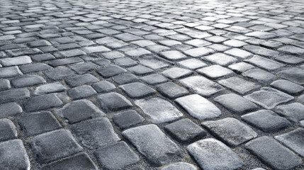 Photorealistic seamless gray cobblestone road texture with natural highlights and shadows creating tactile depth and realism