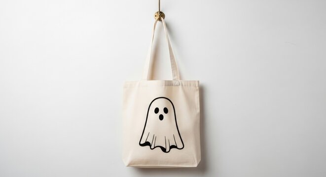 Halloween ghost tote bag hanging on wall for spooky season shopping and trick or treat - Powered by Adobe