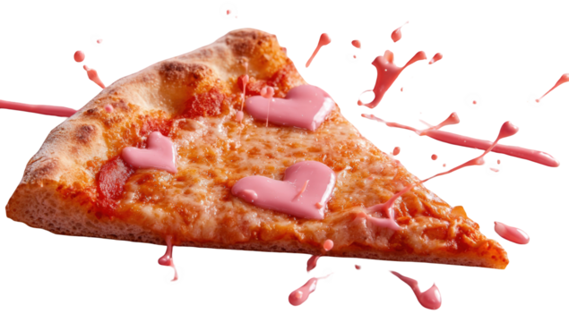 Pizza slice with heart-shaped toppings and pink splashes