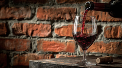 Glass of red wine is being poured from bottle against rustic brick wall, creating warm and inviting atmosphere. rich color of wine contrasts beautifully with earthy tones of brick, enhancing