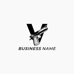 design logo creative letter V and pistol handgun