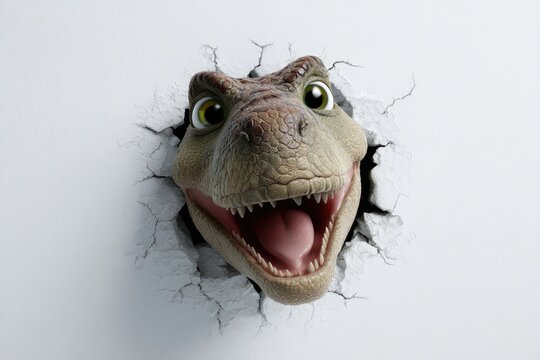 Cartoon dinosaur head bursts through white wall