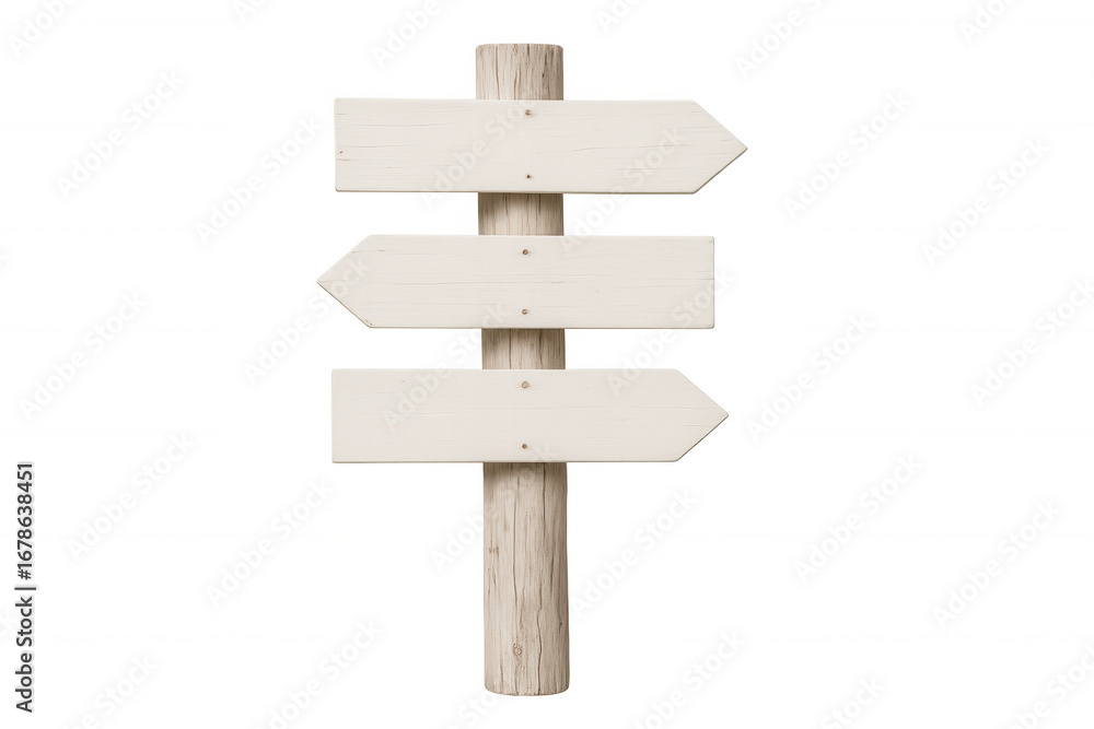 Poster wooden rustic signpost featuring blank directional arrows positioned against transparent background,