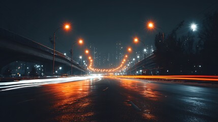 Fototapeta premium Elevated urban road at night with light trails of moving cars, glowing city skyline, dynamic traffic patterns, empty space for creative text or marketing slogans.