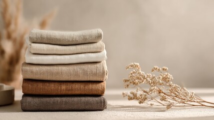 Stack of linen cloths in various earthy tones, beside dried grasses