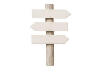 Wooden rustic signpost featuring blank directional arrows positioned against transparent background, ready for personalized message or branding design