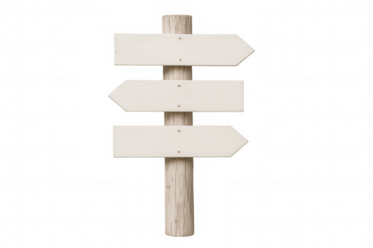 Wooden rustic signpost featuring blank directional arrows positioned against transparent background, ready for personalized message or branding design