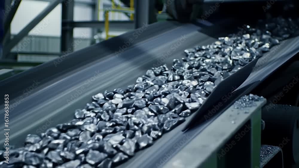 Poster close up view of chrome ore enrichment plant conveyor belt transporting raw materials in an industri