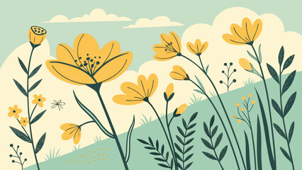 Vector illustration of yellow flower field meadow with blue sky nature spring background art design 100