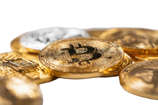 Close-up of several golden and silver Bitcoin coins - Powered by Adobe