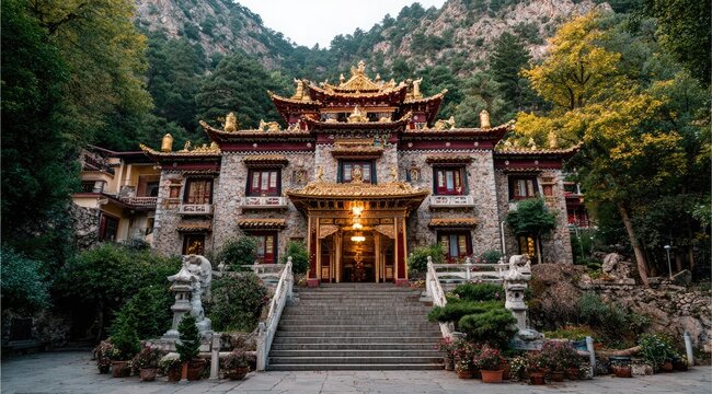 Majestic temple nestled in mountain valley. Golden roofed structure with stone exterior, flanked by lush greenery