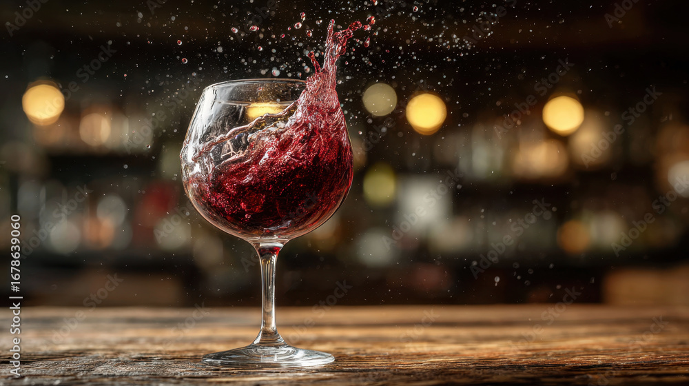 Poster glass of red wine splashes dramatically, creating captivating scene filled with motion and energy. b