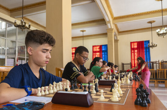 Children engaged in a simultaneous chess competition