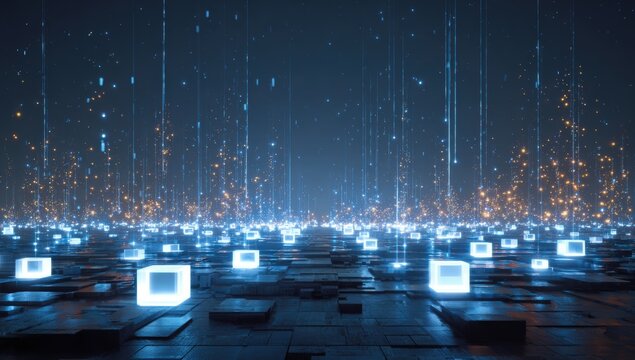 Futuristic digital landscape with glowing cubes and light trails