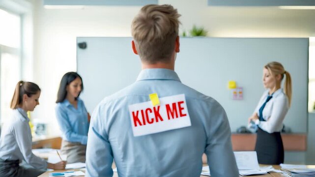 Office prank scene with man wearing kick me sign on back while colleagues laugh and smile during workday