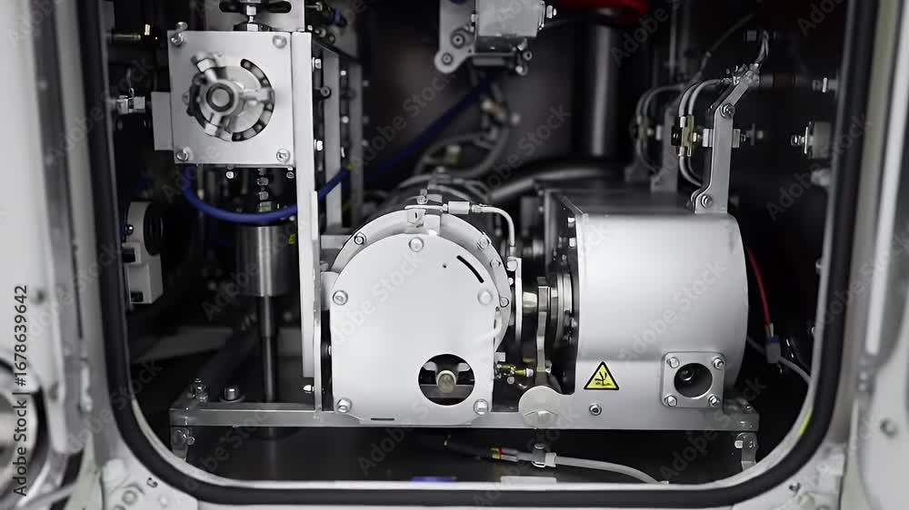 Poster close up view of lunar base simulation module with intricate silver machinery and white components e