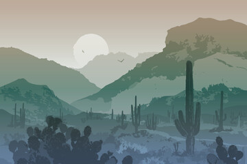 Vector illustration. Landscape with desert, cacti and mountains	