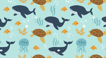 Whales Turtles Fish and Jellyfish Seamless Pattern.