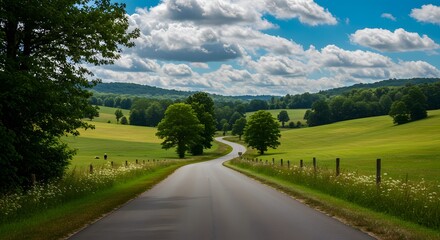 Naklejka premium Country road through green fields