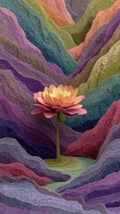 Colorful layered mountains surround a single, peach-toned flower