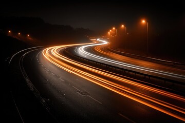 Night highway curves with light trails
