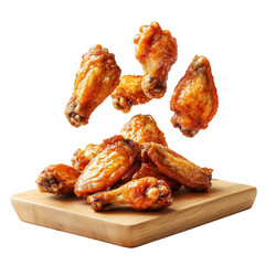 Delicious glazed chicken wings falling onto a wooden board appetizing food photography