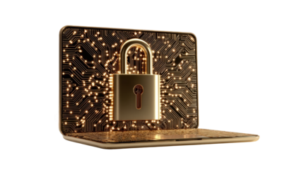 Golden lock on a laptop with circuit board texture
