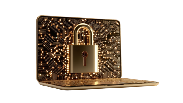 Golden lock on a laptop with circuit board texture
