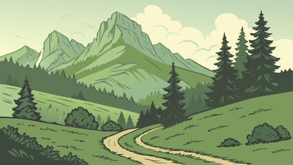 Scenic mountain landscape drawing with green hills and trees for nature background and travel illustration