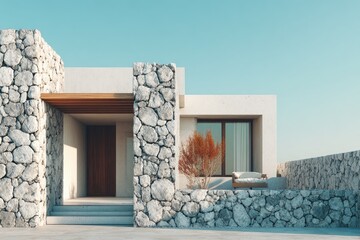 Modern Mediterranean home facade with stone walls and a covered porch