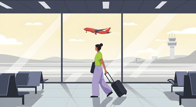 Traveler Walking with Luggage in Airport Terminal Watching Airplane Take Off at Runway
