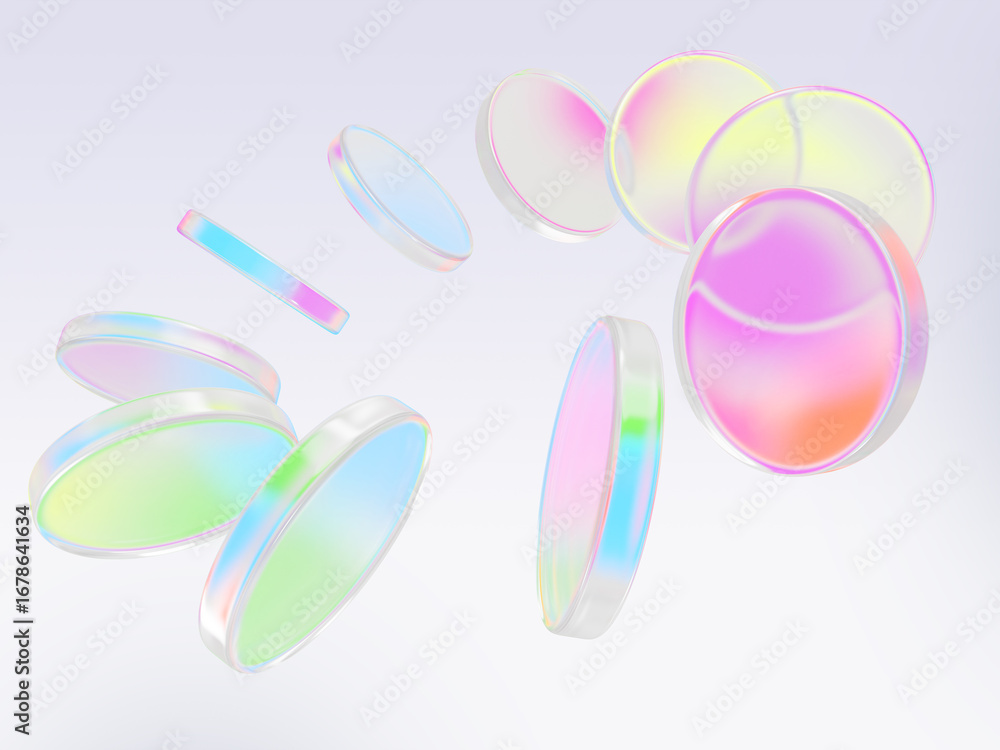 Aufkleber abstract 3d background, glass circle disks with iridescent holographic gradient. pearlescent rainbow