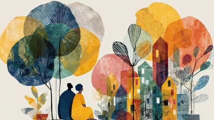Couple Enjoying Nature Amidst Colorful Trees and Urban Backdrop