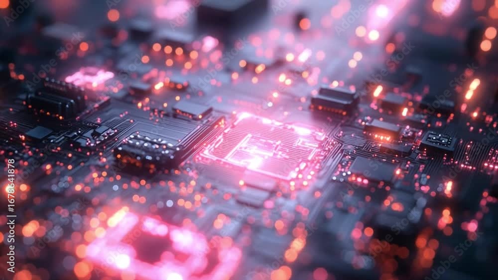 Poster close up of circuit board showcasing glowing microchips and intricate patterns, highlighting innovat