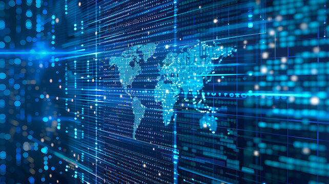 Global Data Flow: Digital World Map on a Network Grid