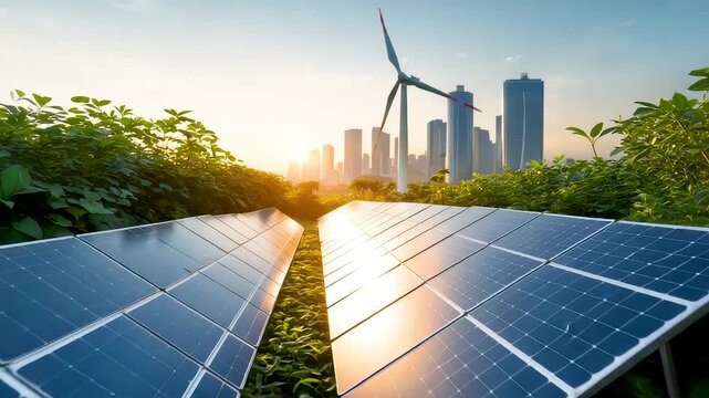 Solar panels and wind turbine generating renewable energy with modern city skyline in background at sunset