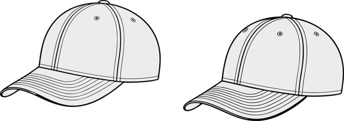 Baseball cap vector flat sketch with curved brim, six-panel design, ventilation eyelets, adjustable strap, fashion CAD design