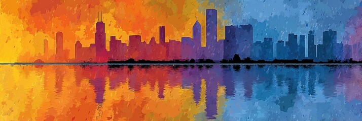 Colorful cityscape reflected in water, vibrant sunset/sunrise hues