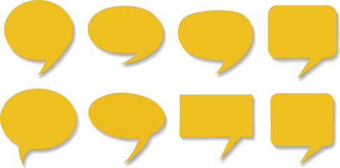 Collection of eight yellow speech bubbles in various shapes on a white background, casting shadows.