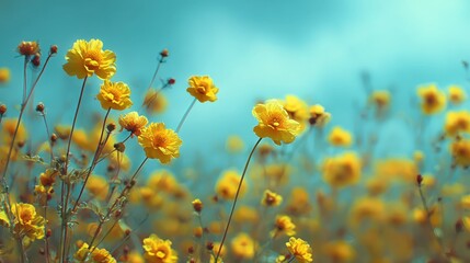 Wide Field of Dreamy Yellow Flowers Under a Soft Blue Sky