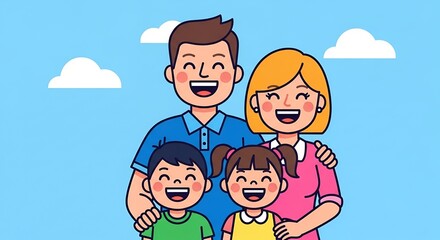 Cartoon family portrait smiling with joy against a blue sky and fluffy white clouds background illustration