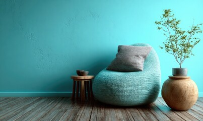 Teal-toned room with cozy beanbag chair
