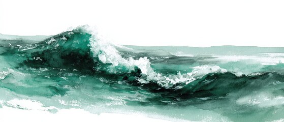 Green Ink Sumi-E Ocean Waves on White Background