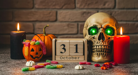Halloween scene with a skull, pumpkin, and calendar showing october 31st