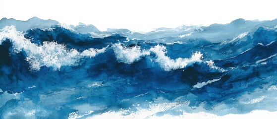 Sumi-e Painting of Ocean Waves in Blue Ink on White Background