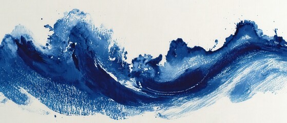 Abstract Blue Sumi-E Painting of Ocean Waves on White Backdrop