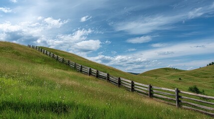 Gentle Green Hills With Wooden Fence Under a Bright Blue Sky