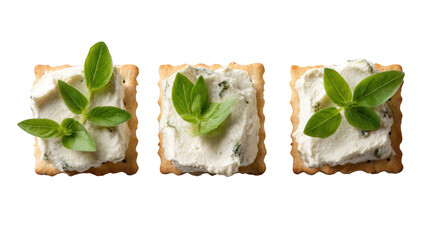 Three crackers topped with cream cheese and basil