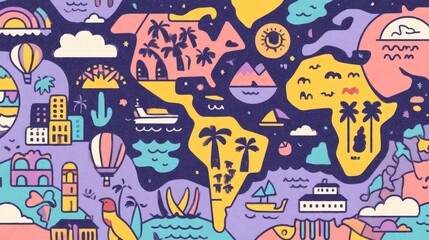 Diverse Cultures and Landscapes Illustrated in a Playful Cartoon Style