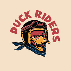 A tough-looking duck mascot in retro biker gear, this logo badge brings bold attitude to your custom merch, print, or branding concepts.